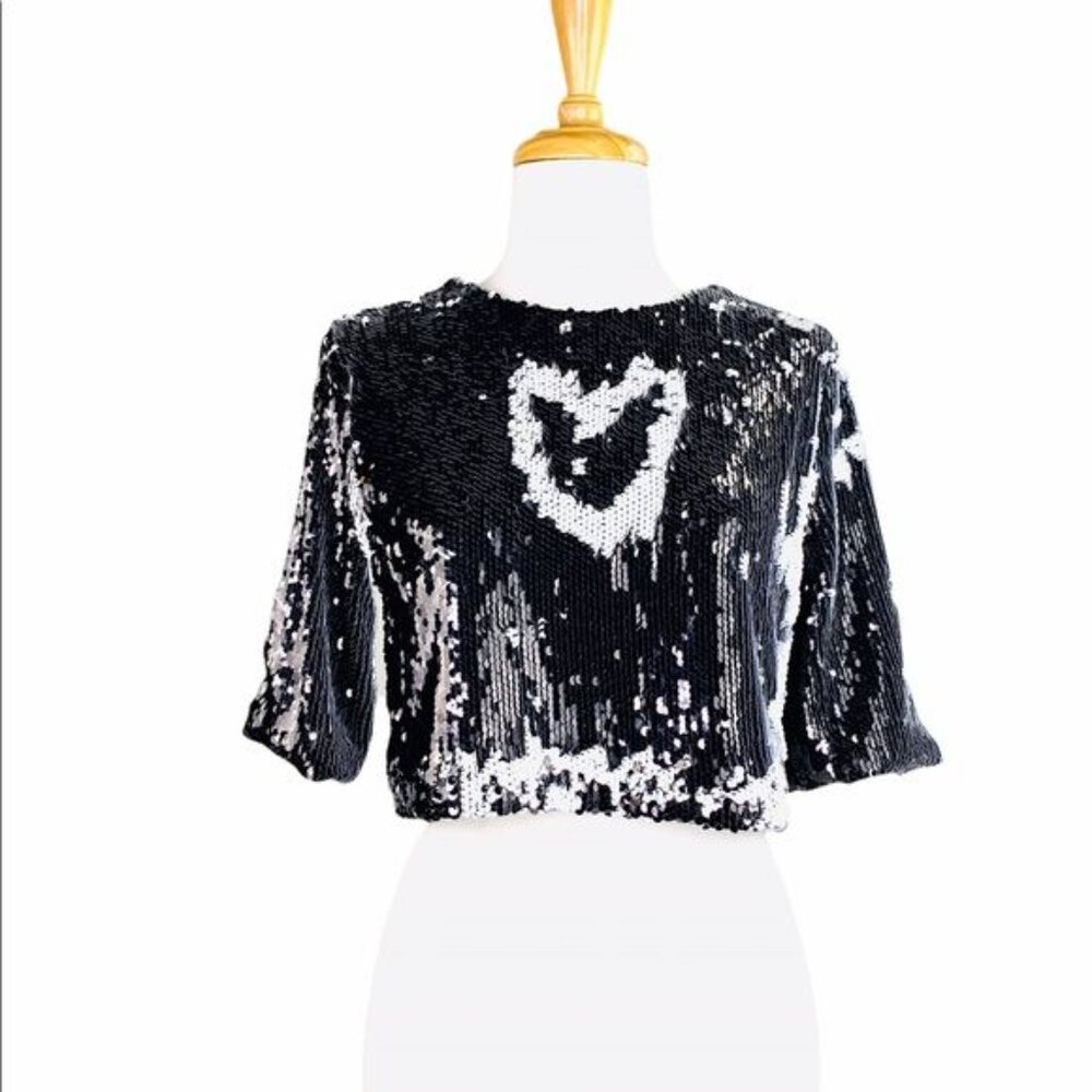Lucy Paris Crop Top Reversible Sequins Black and White Party Top Size S NWOT - Picture 2 of 13